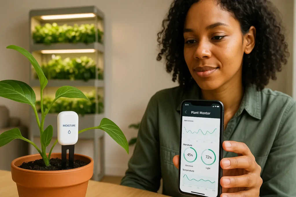 Horta doméstica com sensor de umidade e monitoramento via smartphone, representando a tecnologia no cultivo de plantas.
