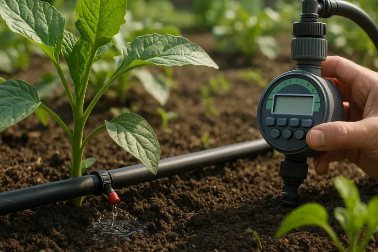 Sistema de irrigação automática em horta doméstica com gotejador e temporizador em funcionamento.