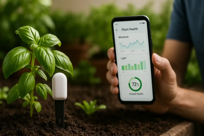 Sensor inteligente inserido no solo de horta doméstica, com monitoramento via smartphone.