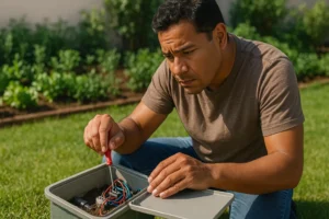 Homem realizando manutenção preventiva em sistema de irrigação de horta residencial ao ar livre
