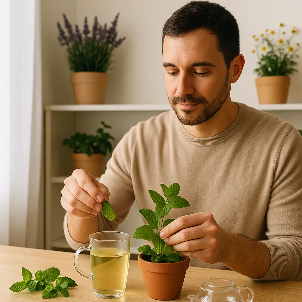 Homem preparando chá com ervas de plantas para ansiedade em ambiente aconchegante