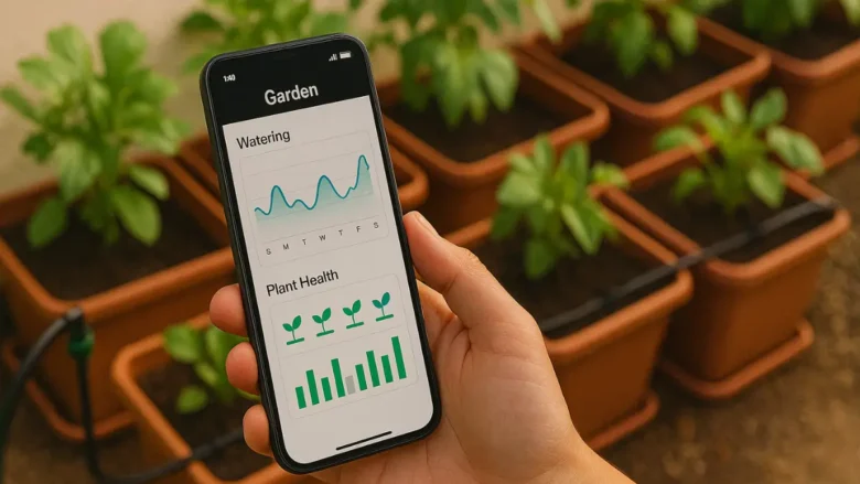 Pessoa usando aplicativo de jardinagem para monitorar horta doméstica com vasos bem cuidados.