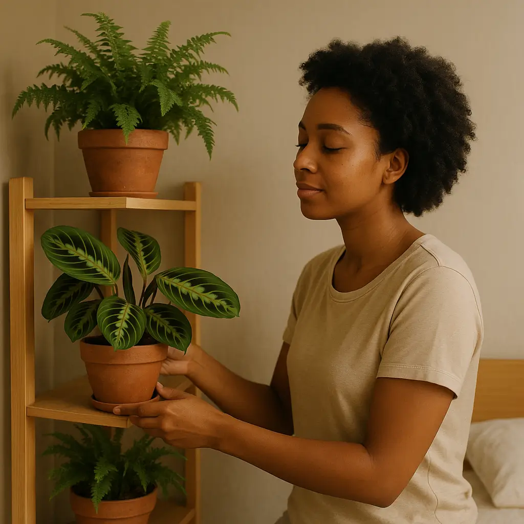 Mulher organizando plantas em casa para criar um ambiente relaxante