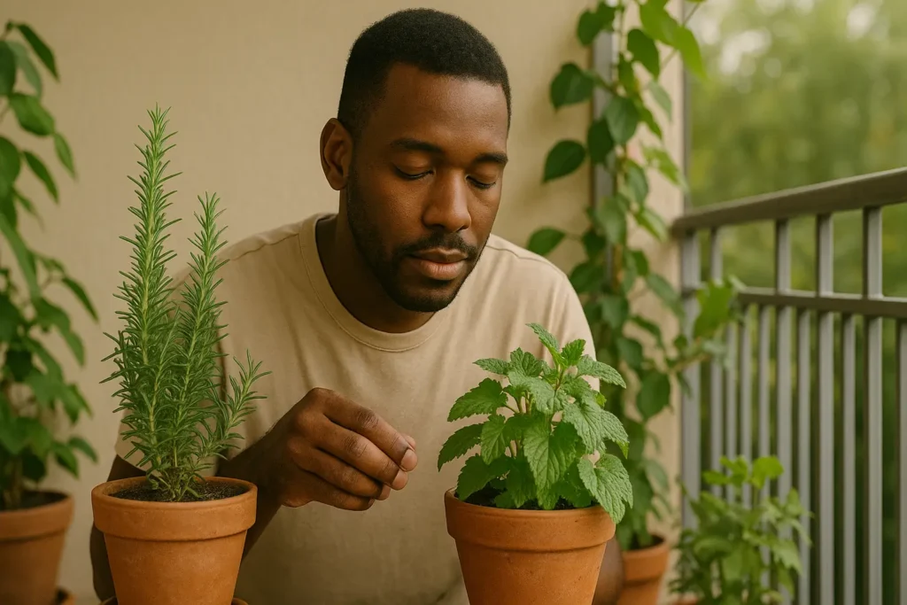 Homem negro cultivando plantas que ajudam a reduzir a ansiedade
