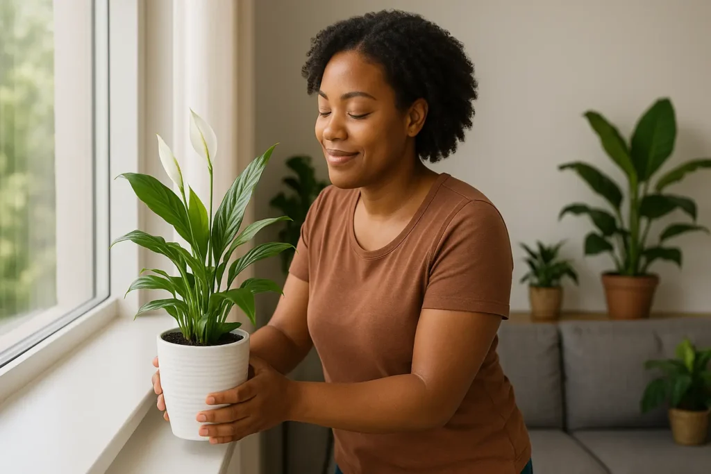 Mulher posicionando planta purificadora para melhorar a respiração