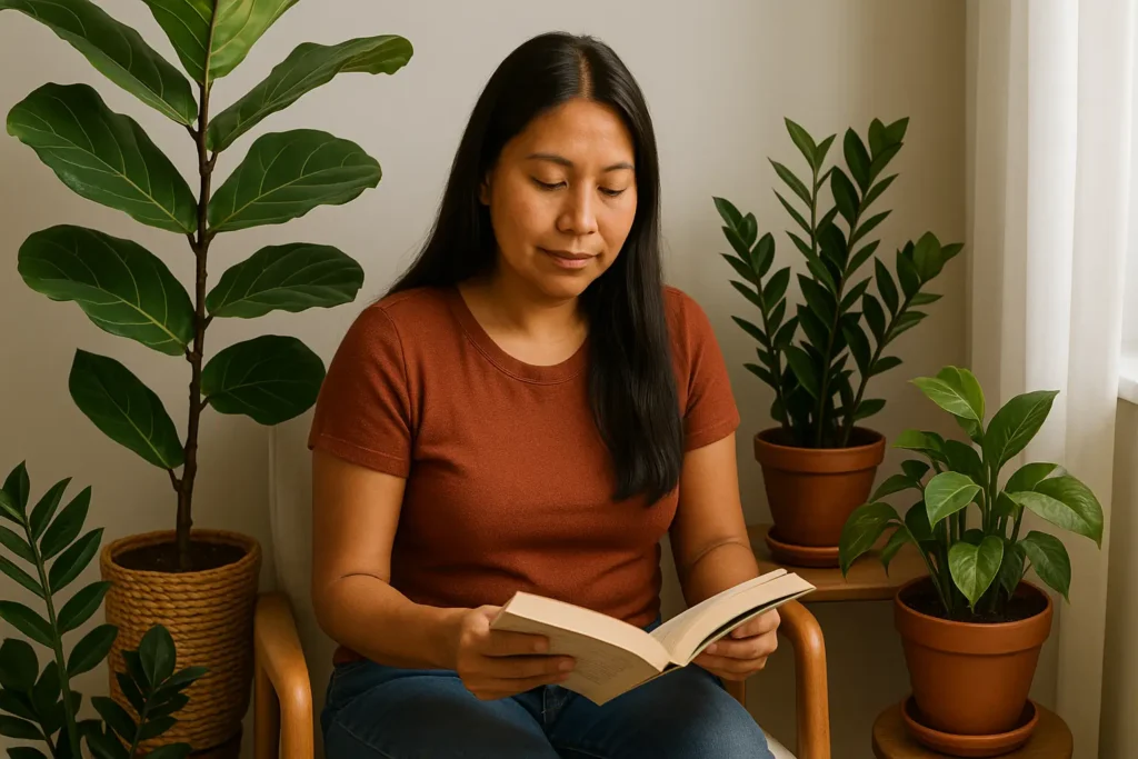 Mulher indígena em ambiente equilibrado com plantas terapêuticas