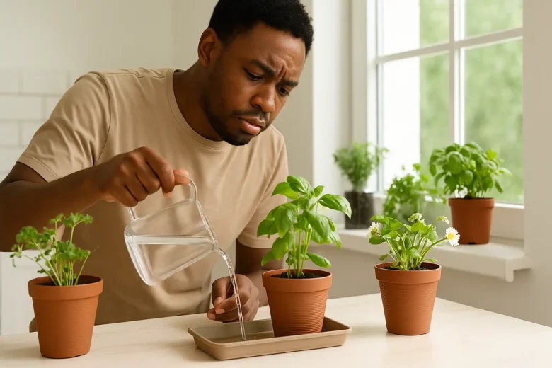 Homem regando corretamente suas plantas em vaso com drenagem eficiente
