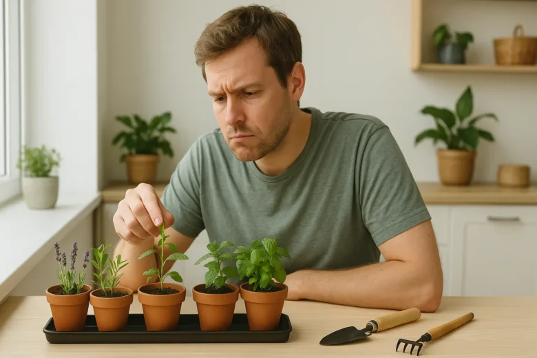 Homem observando mini horta que parou de crescer, com expressão de dúvida