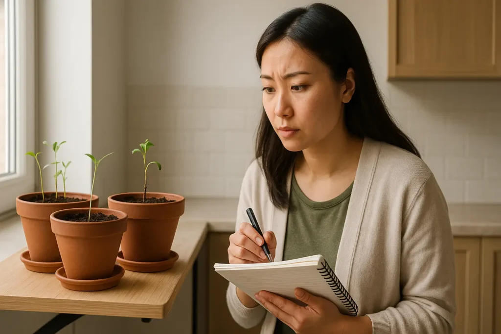 Mulher analisando crescimento das plantas em mini horta caseira na cozinha