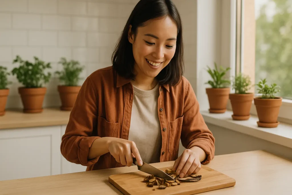 Mulher preparando adubo com casca de banana para mini horta