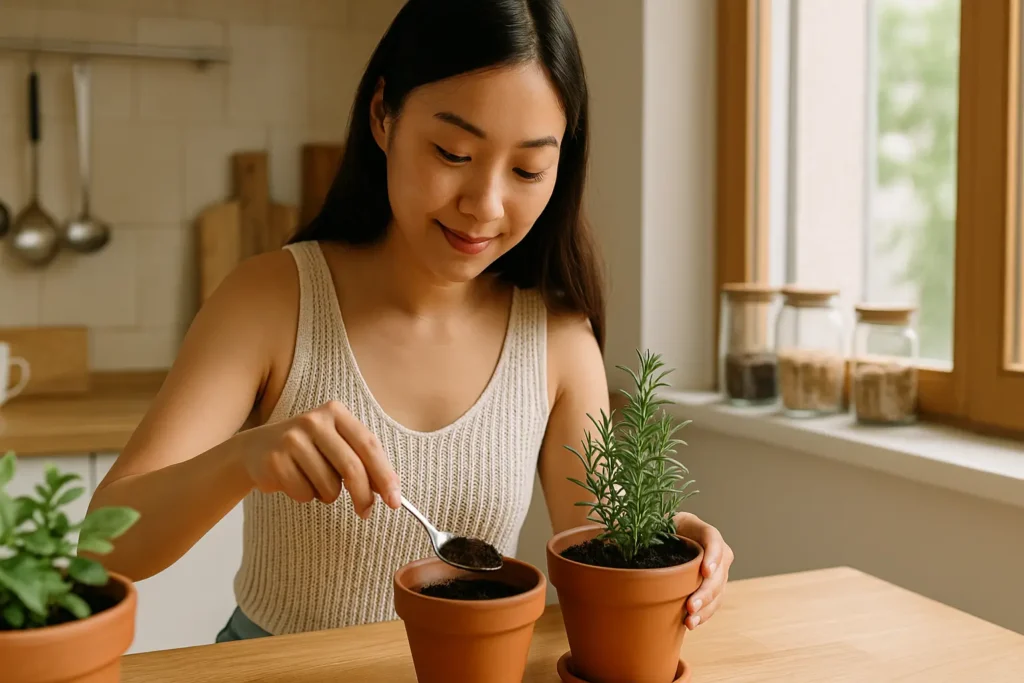 Mulher asiática misturando borra de café em vaso de horta caseira na cozinha.