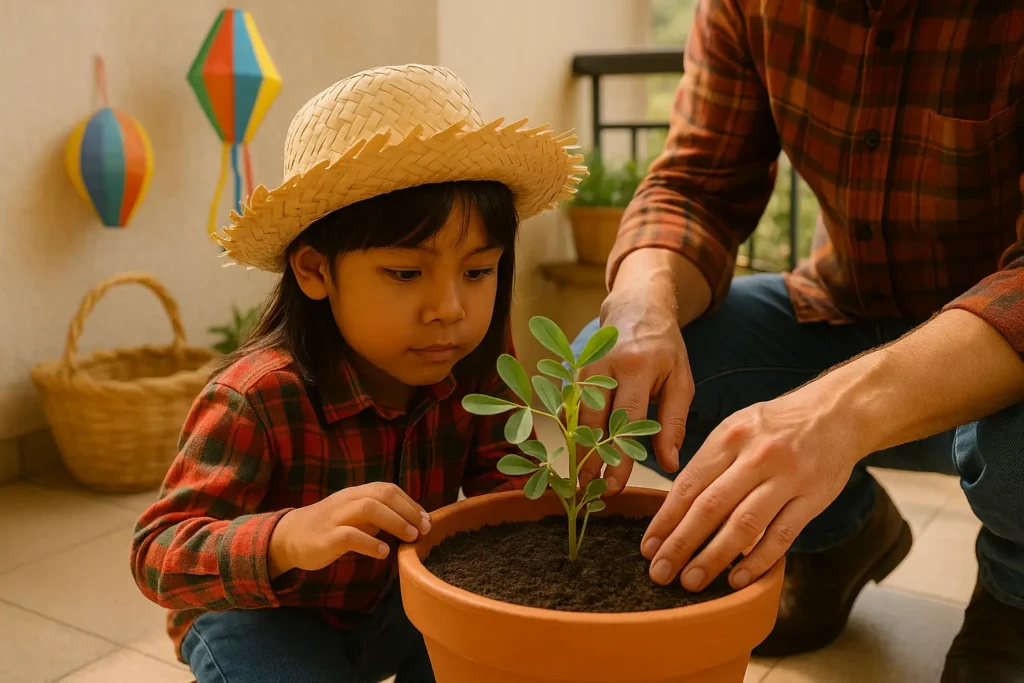 Cultivo de amendoim em vaso com criança e adulto em varanda decorada para festa junina