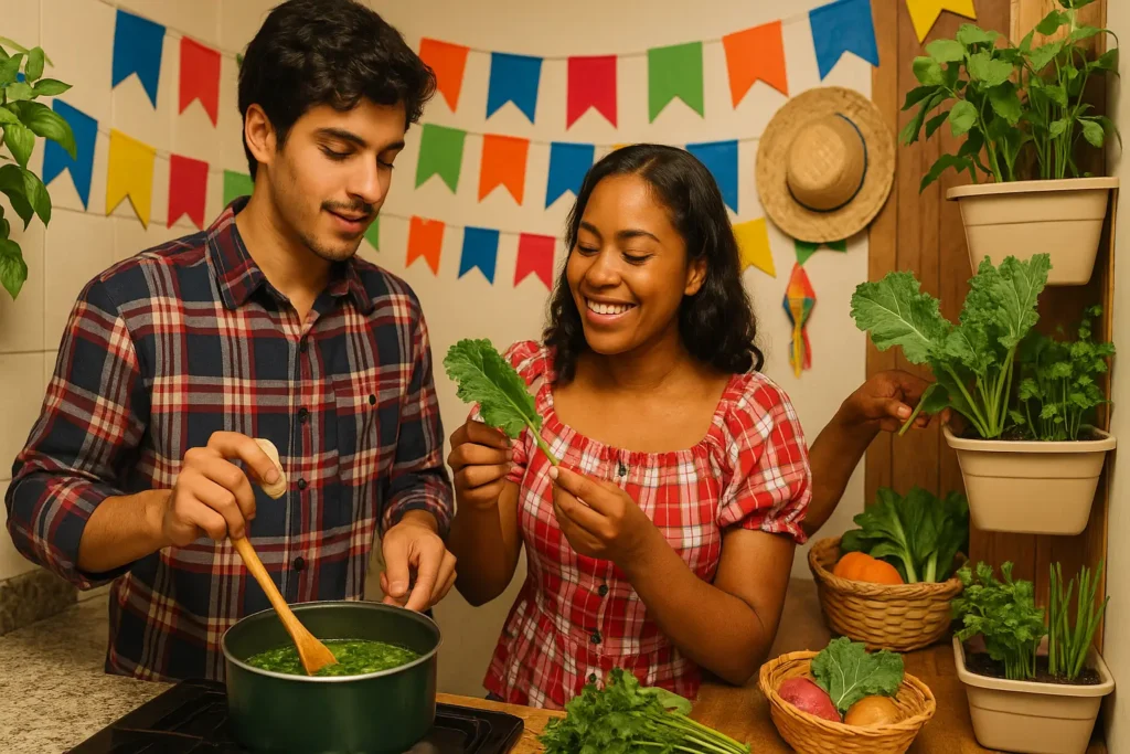 Preparando receita junina com colheita fresca da mini horta doméstica