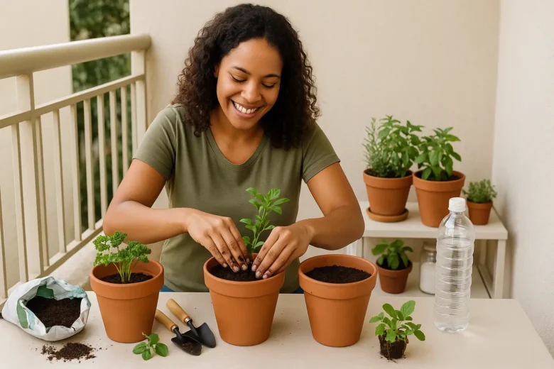 Pessoa plantando uma muda de hortaliça em vaso