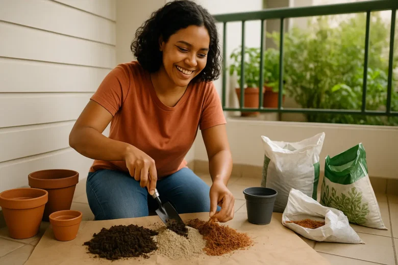 Mulher agachada na sua varanda preprando os substratos para as plantas 
