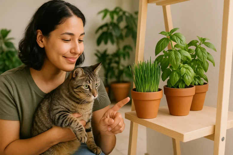 Mulher segurando gato ao lado de horta com plantas seguras para felinos