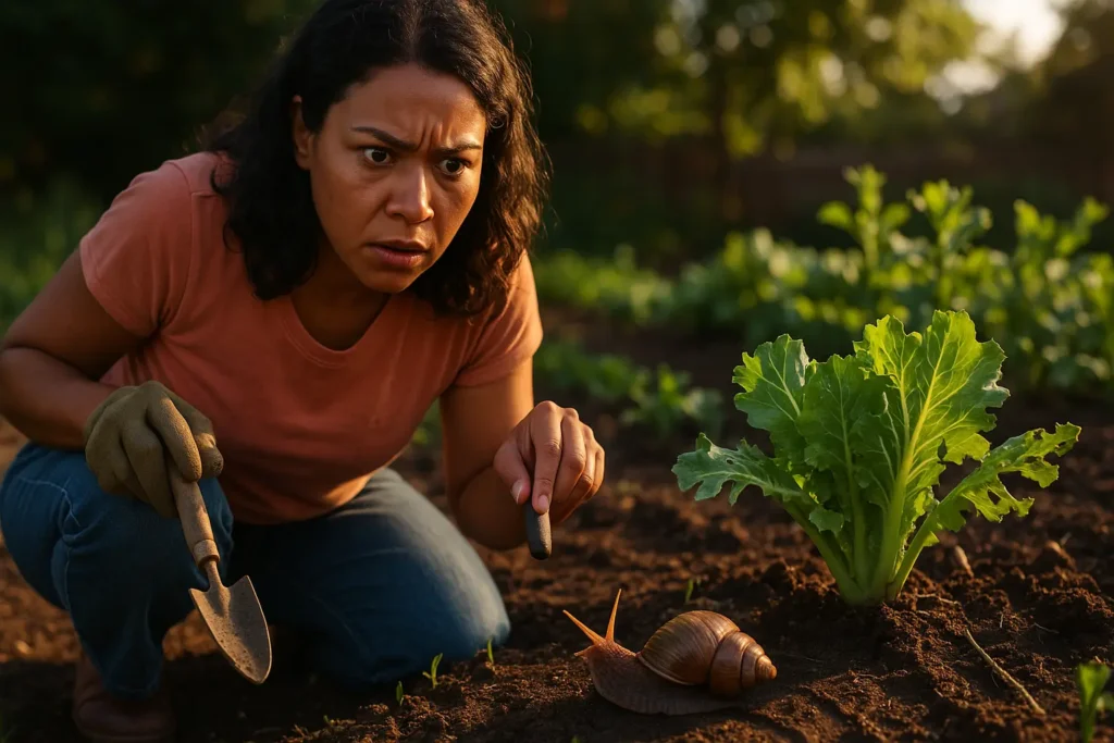 Mulher identificando caramujo ao lado de planta danificada na horta