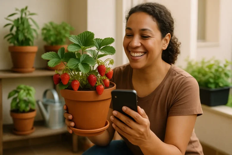 Mulher sorrindo ao segurar vaso com morangos maduros em varanda iluminada