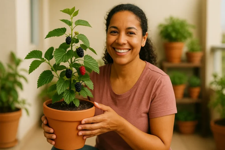 Mulher colhendo amoras maduras em vaso grande em uma varanda iluminada