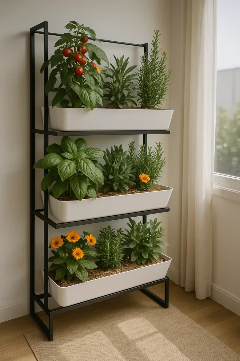 Fotografia de uma horta vertical contendo alguns lugumes e plantas