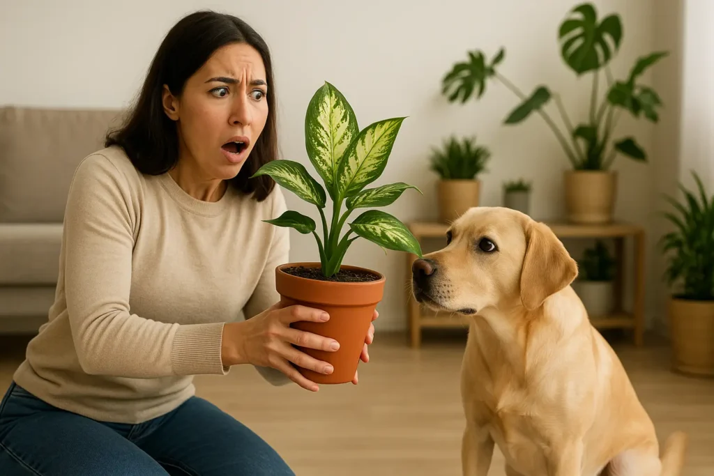 Mulher afastando planta tóxica enquanto cachorro curioso se aproxima