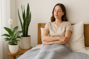 Mulher descansando em quarto com plantas que purificam o ar como Espada-de-São-Jorge e Lírio-da-Paz