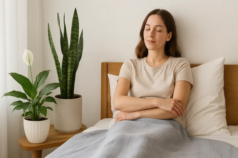Mulher descansando em quarto com plantas que purificam o ar como Espada-de-São-Jorge e Lírio-da-Paz