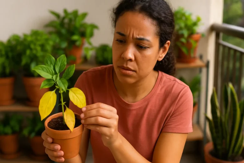 Mulher preocupada analisando planta com folhas amareladas em uma varanda com outras plantas verdes