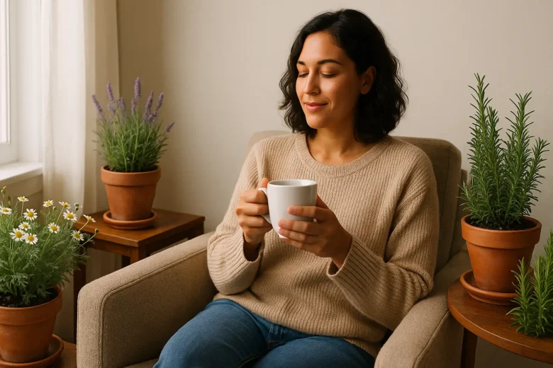 Mulher relaxando em ambiente com plantas calmantes como lavanda e camomila ao fundo.