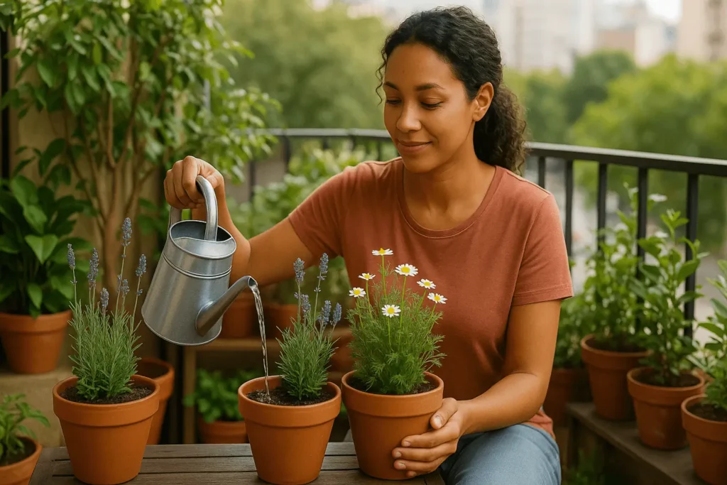 Mulher cuidando de lavanda e camomila em varanda urbana.
