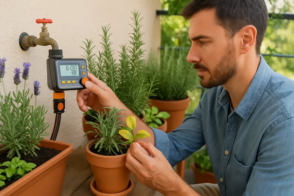 Homem ajustando irrigação em horta com lavanda e alecrim.