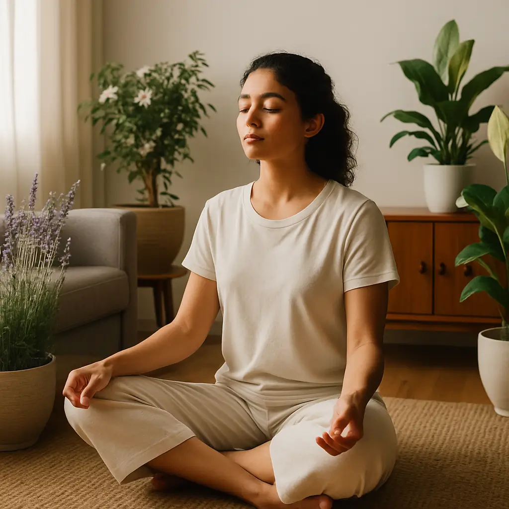 Sala com plantas calmantes e mulher meditando em meio à natureza doméstica.