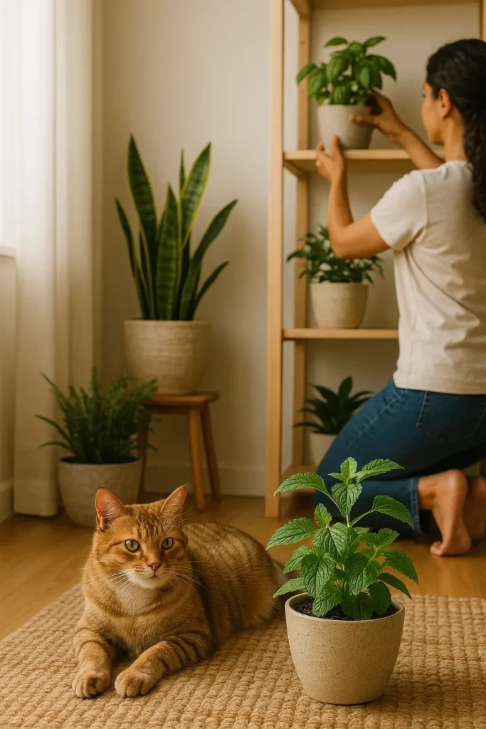 Gato próximo a vaso de erva-cidreira em ambiente pet friendly.