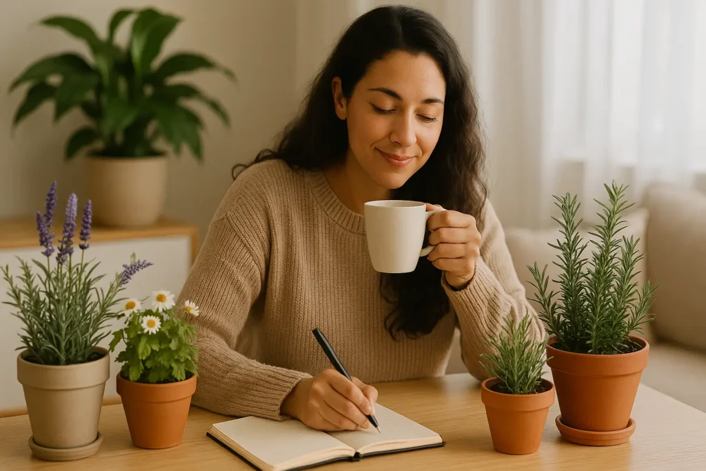 Mulher tomando chá e escrevendo, cercada de plantas relaxantes.