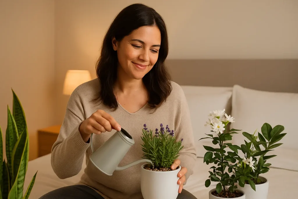 Pessoa cuidando de plantas calmantes no quarto para melhorar o sono