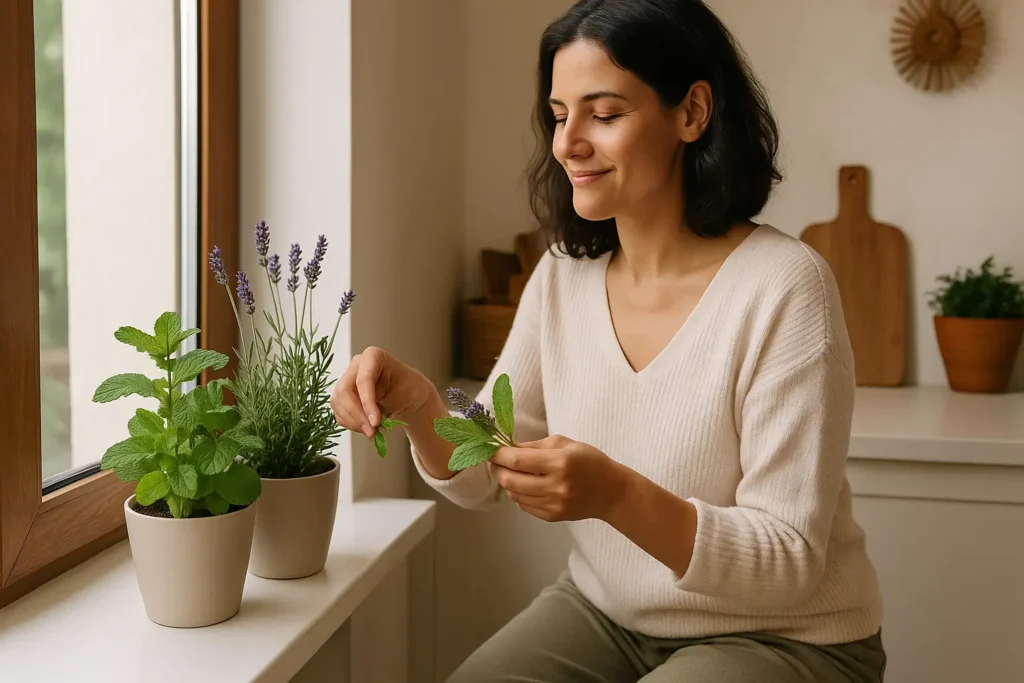 Pessoa colhendo plantas aromáticas em casa para aliviar ansiedade