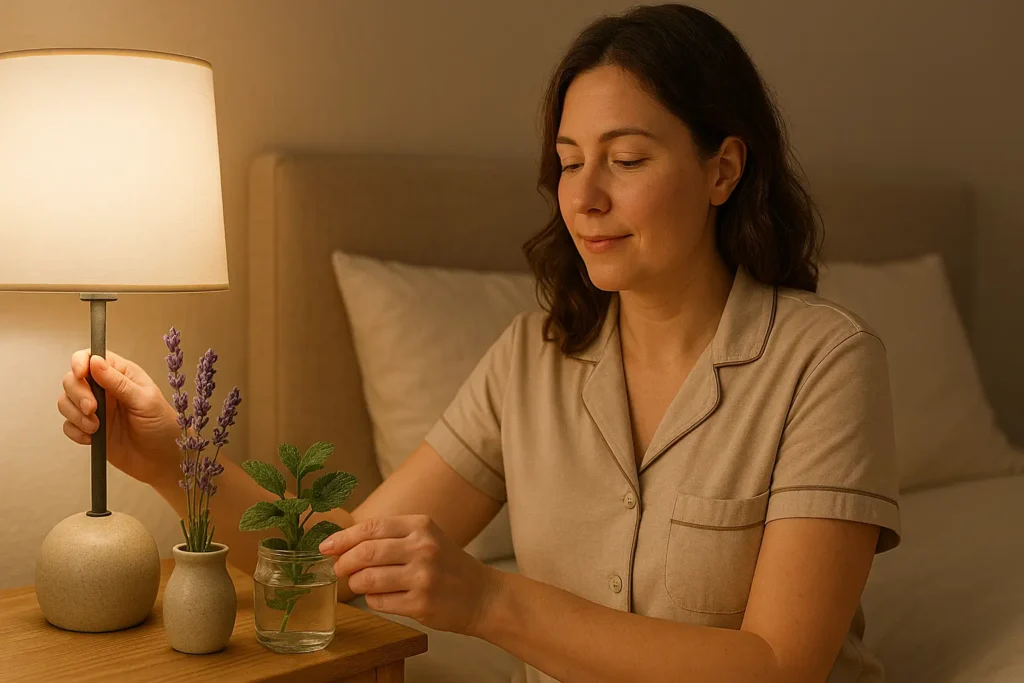 Pessoa cuidando de plantas calmantes no quarto antes de dormir