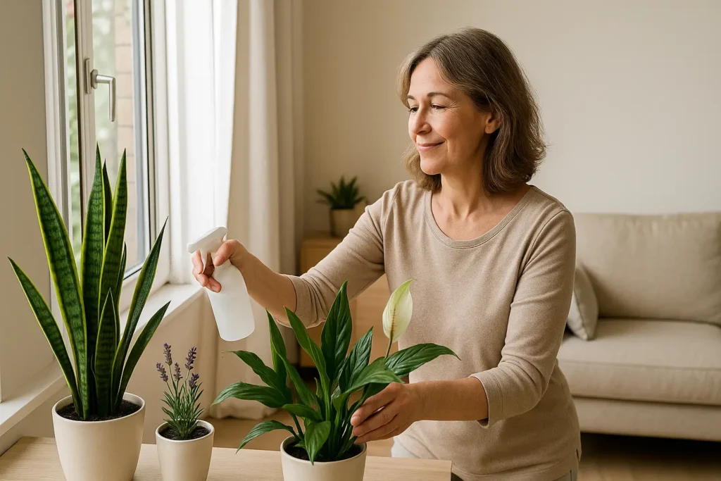 Pessoa cuidando de plantas que purificam a energia do ambiente