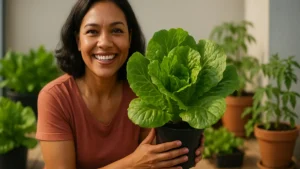 Mulher segurando vaso com alface viçosa, demonstrando resultado de truques caseiros para cultivo em vasos