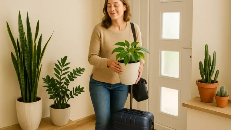 Mulher saindo com mala de viagem olhando para plantas resistentes que permanecem saudáveis mesmo sozinhas