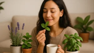 Mulher relaxando com plantas aromáticas que ajudam na ansiedade