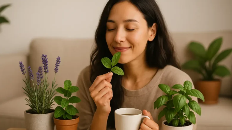 Mulher relaxando com plantas aromáticas que ajudam na ansiedade