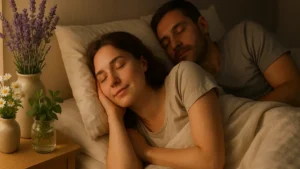 Mulher descansando com plantas calmantes ao lado da cama para dormir melhor