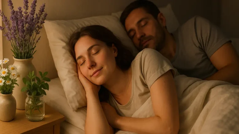Mulher descansando com plantas calmantes ao lado da cama para dormir melhor