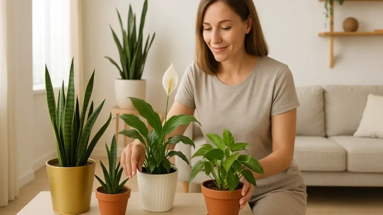 Mulher organizando plantas que purificam o ambiente da casa