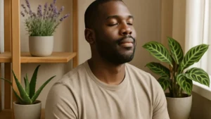 Homem negro relaxando ao lado de plantas que ajudam a aliviar o estresse