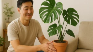 Homem organizando plantas em cantos estratégicos para relaxar em casa