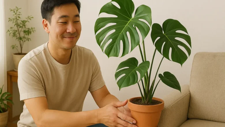 Homem organizando plantas em cantos estratégicos para relaxar em casa