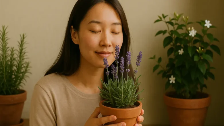 Mulher asiática sentindo aroma de planta calmante para aliviar ansiedade