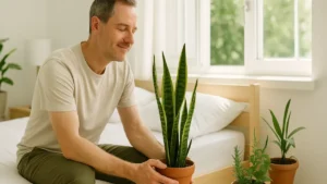 Homem posicionando planta que ajuda a respirar melhor em ambiente fechado